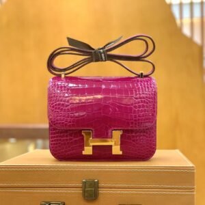 Buckle Flap Bag 18cm – Shiny Alligator Crocodile, Deep Rose Red, Gold Hardware