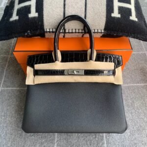 Top-Handle Bag Exotic-Trim 30cm – Togo Leather/ Shiny Crocodile, Noir, Silver Hardware