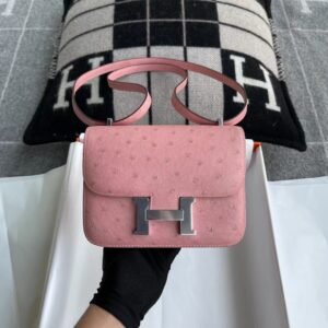 Buckle Flap Bag 18cm – Ostrich, Terre Cuite / Gris Agate, Silver Hardware