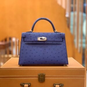 Mini Turnlock Flap Bag 19cm – Ostrich, Iris Blue, Silver Hardware