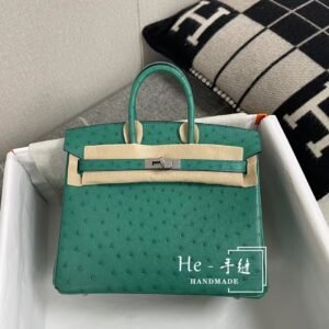 Top-Handle Bag 25cm – Ostrich Skin, Vert Verone, Silver Hardware