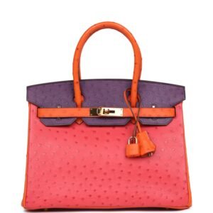Hermes Special Order (HSS) Birkin 30 Tangerine, Violet, Bougainvillea Ostrich Gold Hardware