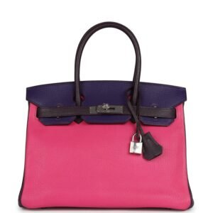 Hermes Special Order (HSS) Birkin 30 Tri-color Rose Shocking, Raisin, Ultraviolet  Chevre Palladium Hardware