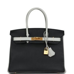 Hermes Special Order (HSS) Birkin 30 Black, Gris Perle Chevre Mysore Brushed Gold Hardware
