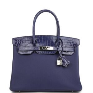 Hermes Birkin 30 Bleu Encre Togo and Shiny Niloticus Crocodile Touch Palladium Hardware