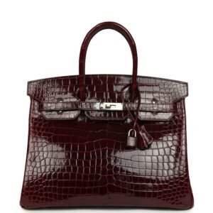 Hermes Birkin 35 Bordeaux Shiny Porosus Crocodile Palladium Hardware