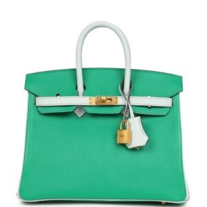 Hermes Special Order (HSS) Birkin 25 Bi-Color Menthe, Bleu Brume Chevre Mysore Brushed Gold Hardware