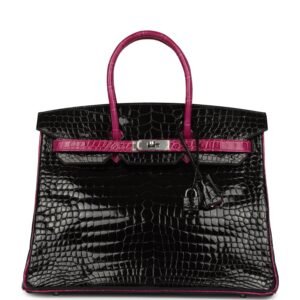 Hermes Special Order (HSS) Birkin 35 Rose Pourpre, Black Shiny Porosus Crocodile Palladium Hardware