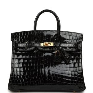 Hermes Birkin 25 Black Shiny Niloticus Crocodile Gold Hardware