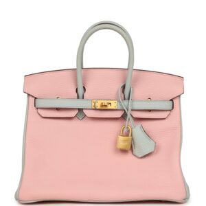 Hermes Special Order (HSS) Birkin 25 Rose Sakura, Bleu Pale Clemence Brushed Gold Hardware