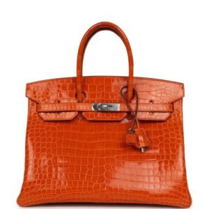 Hermes Birkin 35 Orange Shiny Porosus Crocodile Palladium Hardware