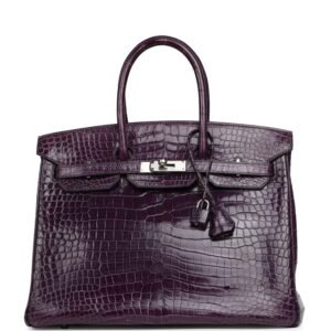Hermes Birkin 35 Cassis Shiny Porosus Crocodile Palladium Hardware