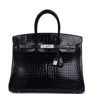 Vintage Hermes Birkin 35 Bleu Marine Shiny Porosus Crocodile 18K White Gold Diamond Hardware