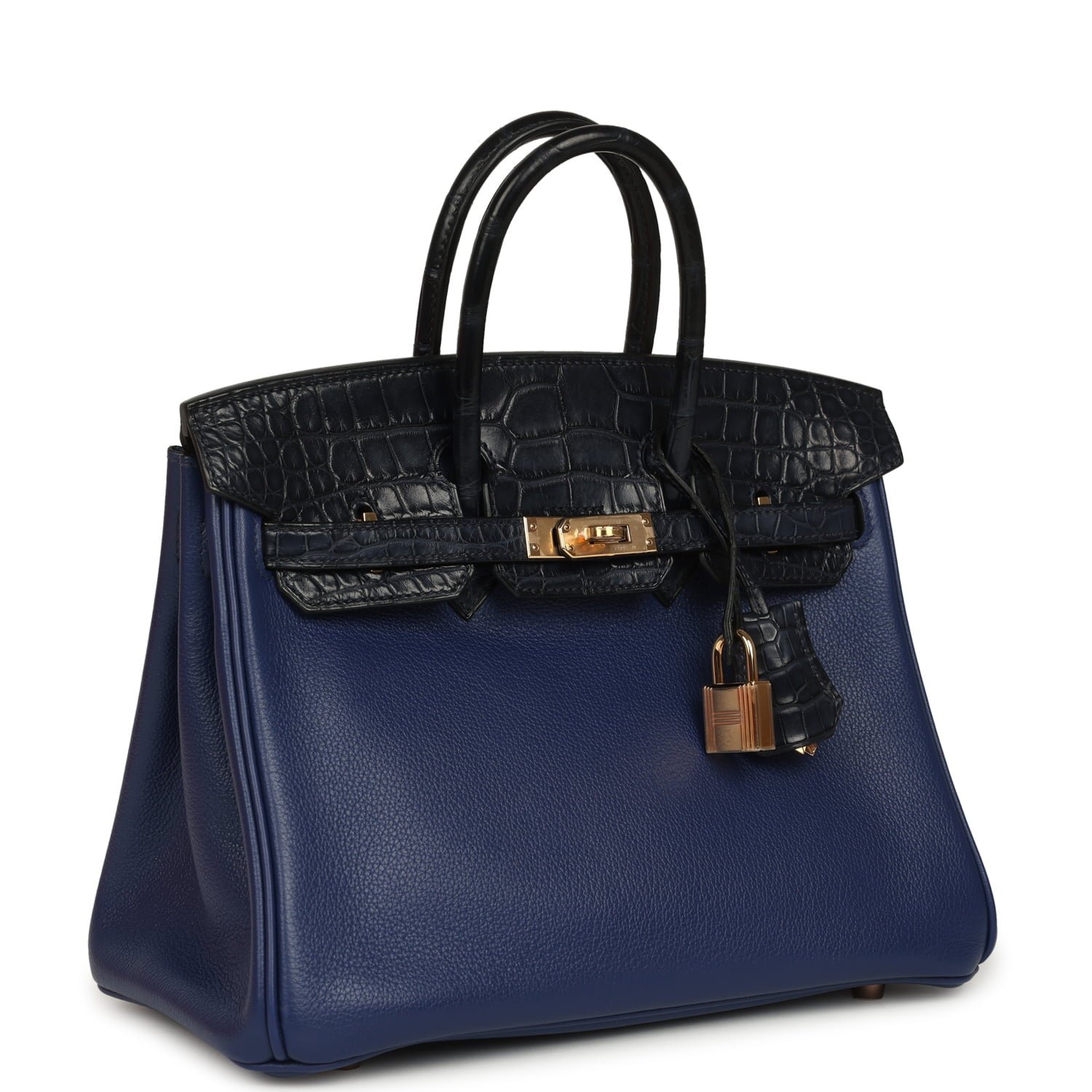 Hermes Birkin 25 Bleu Saphir Taurillion Novillo and Bleu Marine Matte Alligator Touch Rose Gold Hardware - Image 2
