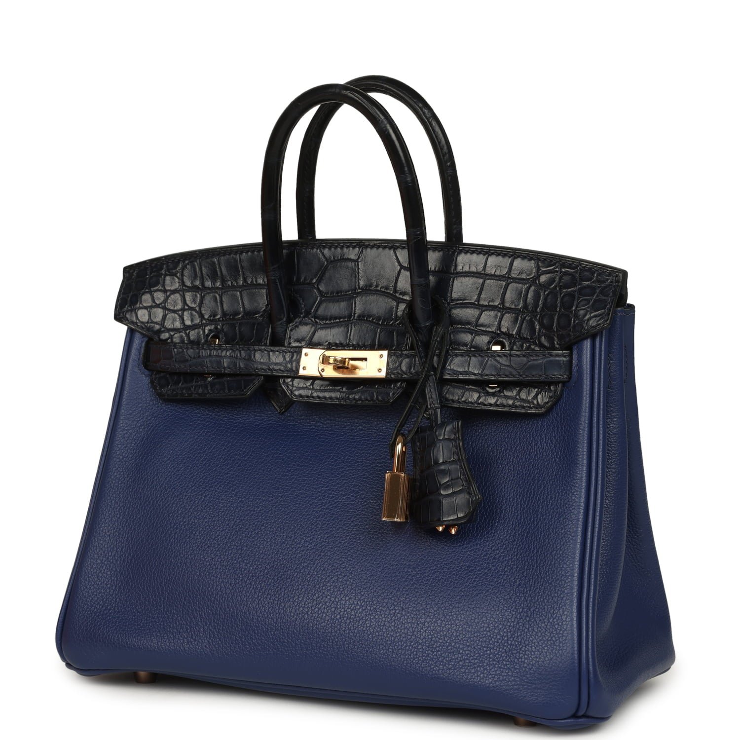 Hermes Birkin 25 Bleu Saphir Taurillion Novillo and Bleu Marine Matte Alligator Touch Rose Gold Hardware - Image 5