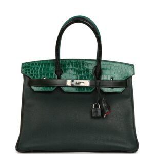 Hermes "Patchwork" Birkin 30 Vert Titien, Vert Fonce, Malachite, Emeraude Chevre Mysore, Clemence, Shiny Porosus Crocodile, Epsom, Swift, Box Palladium Hardware