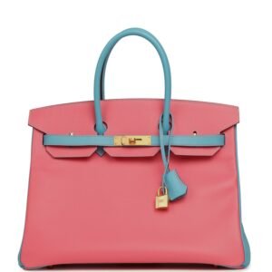 Hermes Special Order (HSS) Birkin 35 Rose Lipstick, Bleu Du Nord Epsom Brushed Gold Hardware