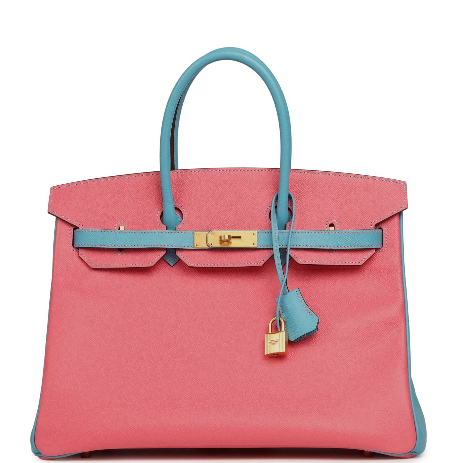 Hermes Special Order (HSS) Birkin 35 Rose Lipstick, Bleu Du Nord Epsom Brushed Gold Hardware