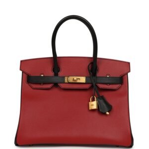 Hermes Special Order (HSS) Birkin 30 Rouge Vif, Black Epsom Brushed Gold Hardware