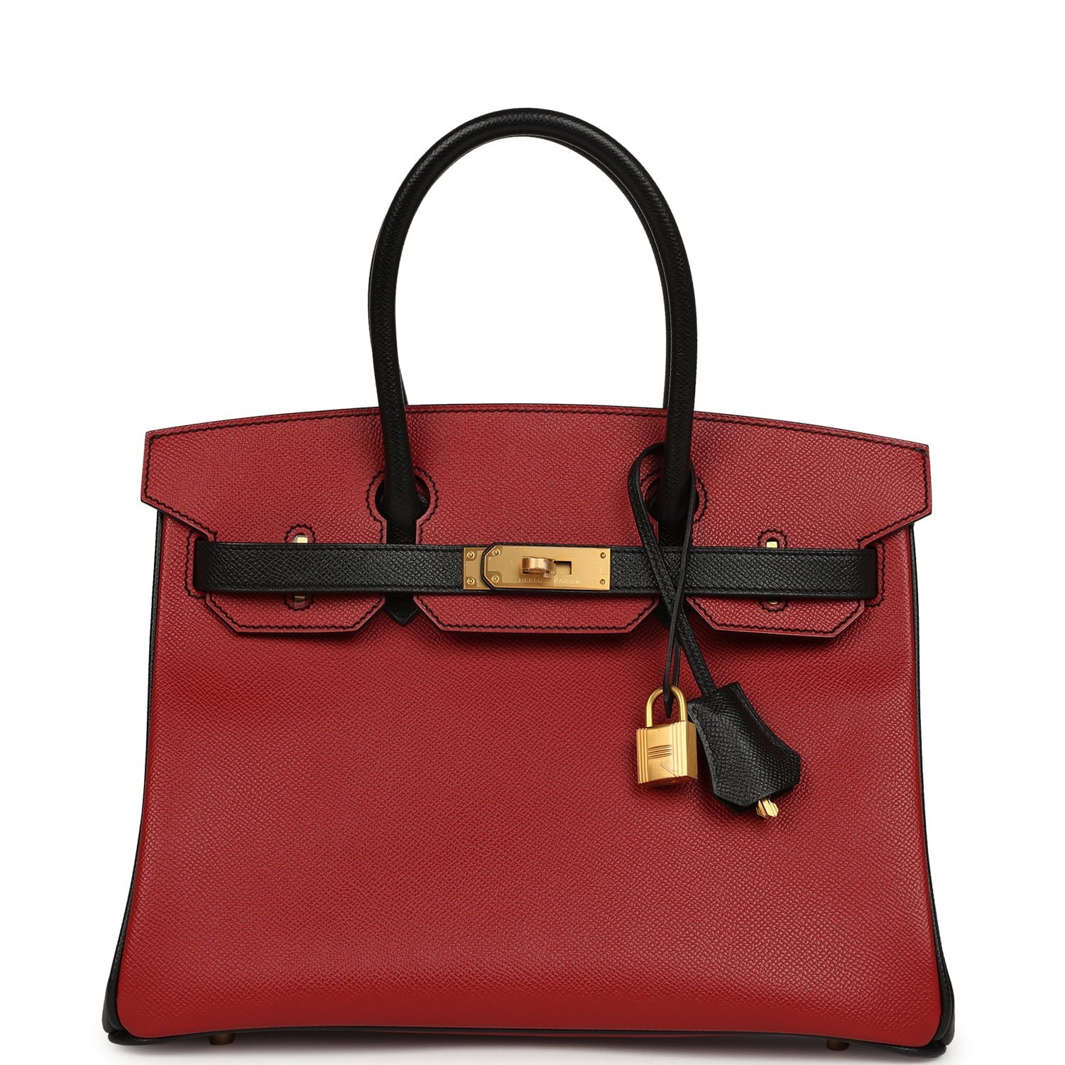 Hermes Special Order (HSS) Birkin 30 Rouge Vif, Black Epsom Brushed Gold Hardware