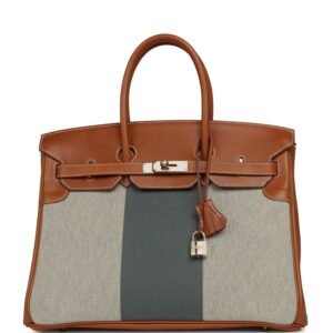 Hermes Birkin 35 Flag Fauve Barenia, Ecru-Black Toile, Bleu Orage Toile Canvas Permabrass Hardware