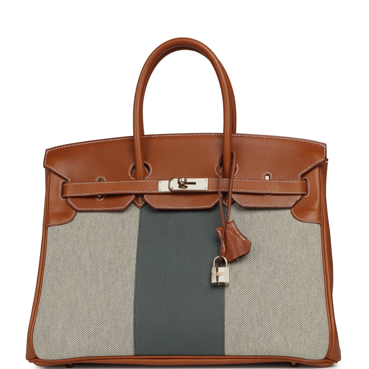 Hermes Birkin 35 Flag Fauve Barenia, Ecru-Black Toile, Bleu Orage Toile Canvas Permabrass Hardware