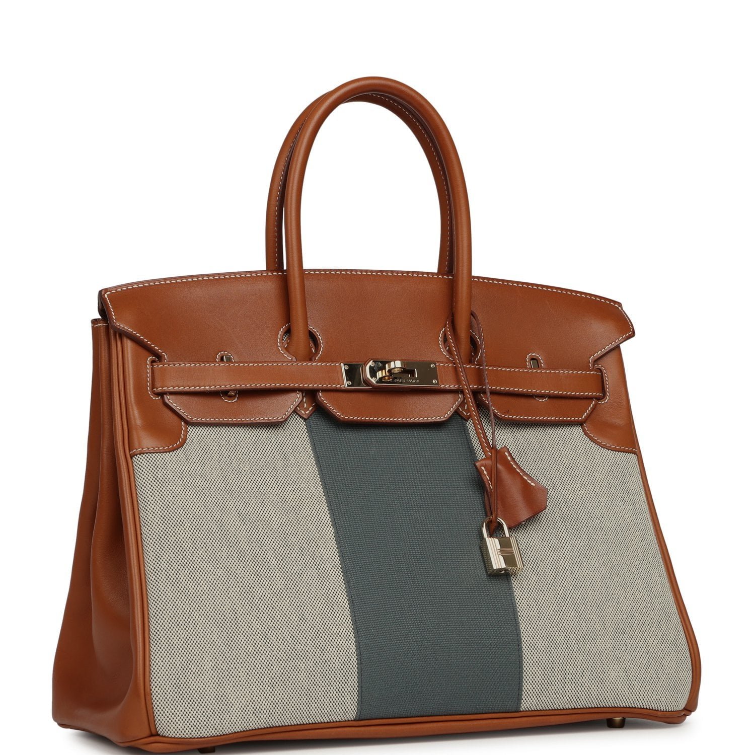 Hermes Birkin 35 Flag Fauve Barenia, Ecru-Black Toile, Bleu Orage Toile Canvas Permabrass Hardware - Image 2