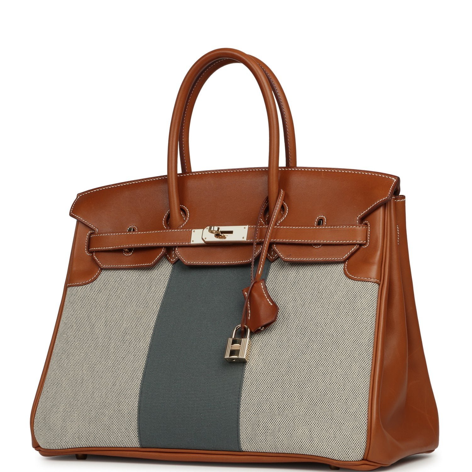Hermes Birkin 35 Flag Fauve Barenia, Ecru-Black Toile, Bleu Orage Toile Canvas Permabrass Hardware - Image 5