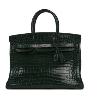 Hermes Birkin 35 Vert Fonce Shiny Porosus Crocodile Palladium Hardware