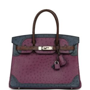 Hermes Birkin Ghillies 30 Violet, Bleu De Malte, Chocolat Ostrich Palladium Hardware
