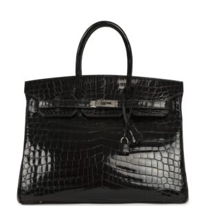 Vintage Hermes Birkin 35 Black Shiny Niloticus Crocodile Palladium Hardware