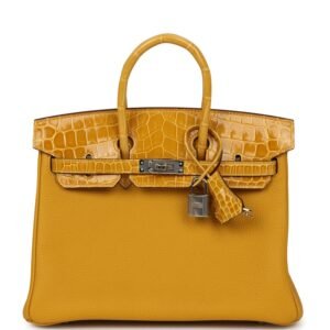 Hermes Birkin 25 Jaune Ambre Togo, Shiny Porosus Crocodile Touch Palladium Hardware