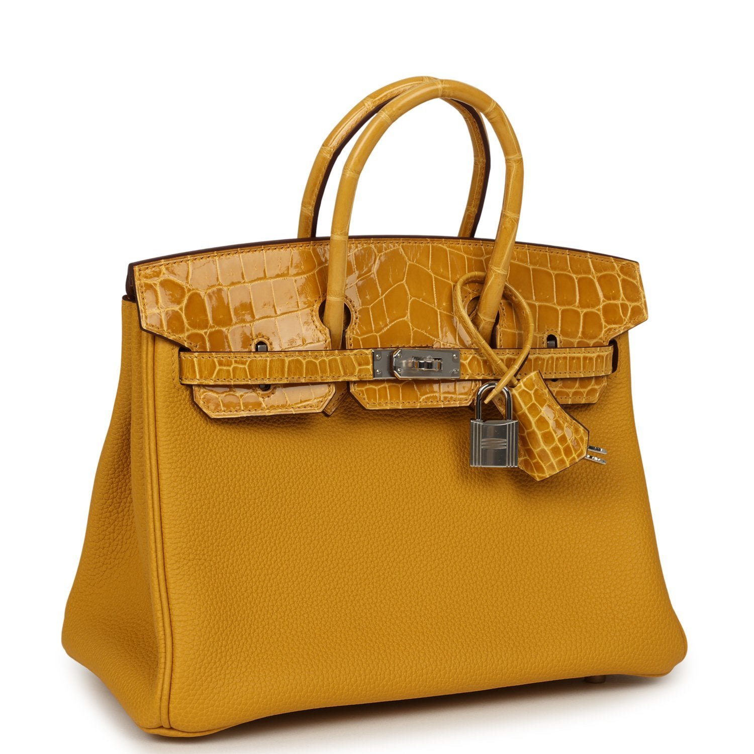 Hermes Birkin 25 Jaune Ambre Togo, Shiny Porosus Crocodile Touch Palladium Hardware - Image 2