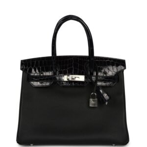 Hermes Birkin 30 Black, Bleu Marine Novillo, Shiny Niloticus Crocodile Touch Palladium Hardware