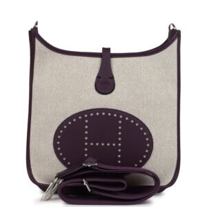 Hermes Evelyne III PM Cassis Clemence and Ecru Toile H Palladium Hardware