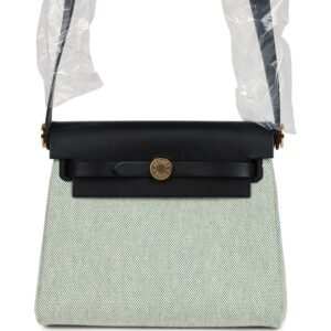 Hermes Herbag Zip 20 Mini Ecru and Vert Moyen Toile H Canvas and Black Vache Hunter Gold Hardware