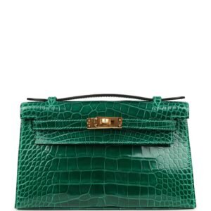 Hermes Kelly Pochette Vert Emeraude Shiny Alligator Gold Hardware