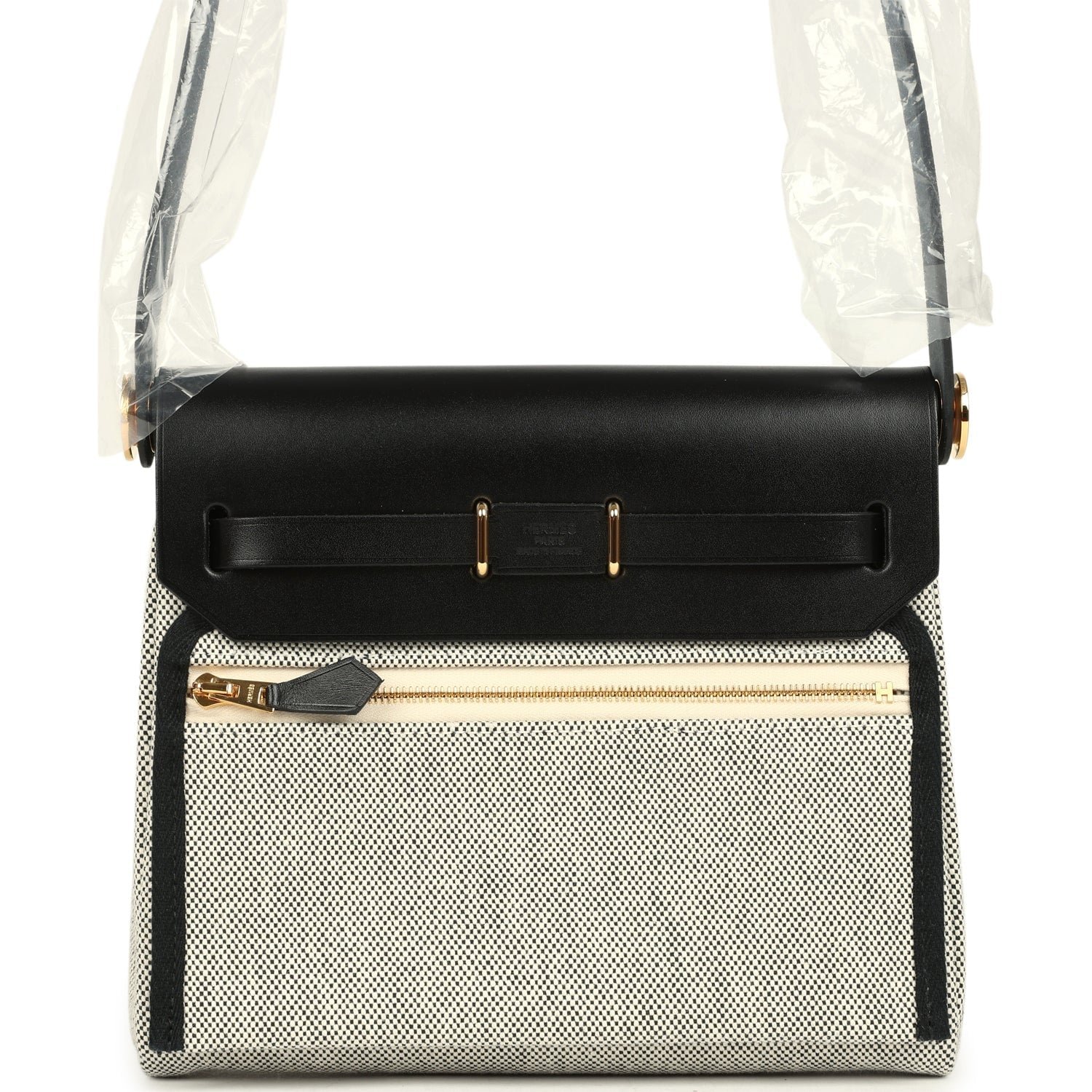 Hermes Herbag Zip 20 Mini Ecru and Black Toile H Canvas and Black Vache Hunter Gold Hardware - Image 4