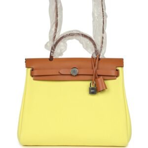 Hermes Herbag Zip PM 31 Jaune Citron Toile H Canvas, Fauve Vache Hunter Palladium Hardware