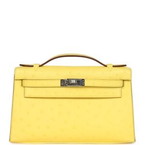 Hermes Kelly Pochette Jaune Citron Ostrich Palladium Hardware