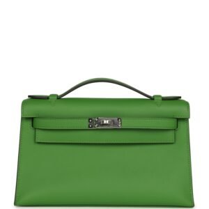 Hermes Kelly Pochette Vert Yucca Swift Palladium Hardware