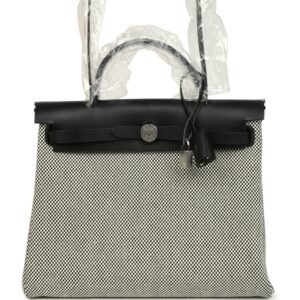 Hermes Herbag Zip PM 31 Black Vache Hunter and Ecru-Black Criss Viking Canvas Palladium Hardware
