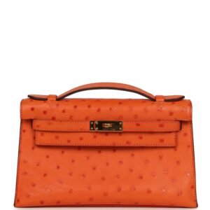 Hermes Kelly Pochette Tangerine Ostrich Gold Hardware