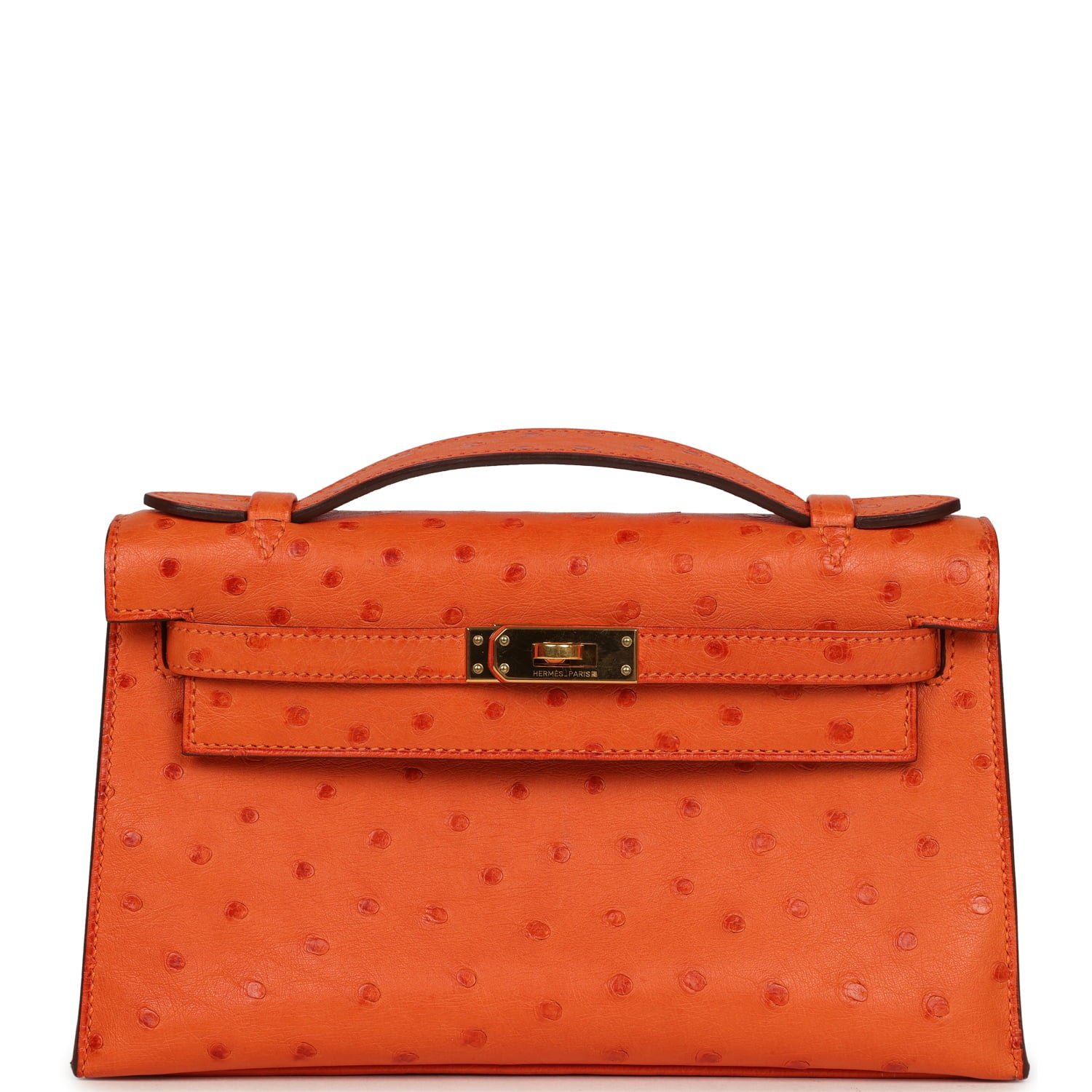 Hermes Kelly Pochette Tangerine Ostrich Gold Hardware