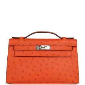 Hermes Kelly Pochette Tangerine Ostrich Palladium Hardware