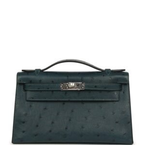 Hermes Kelly Pochette Vert Cypress Ostrich Palladium Hardware