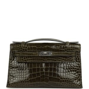 Hermes Kelly Pochette Vert Olive Shiny Alligator Palladium Hardware