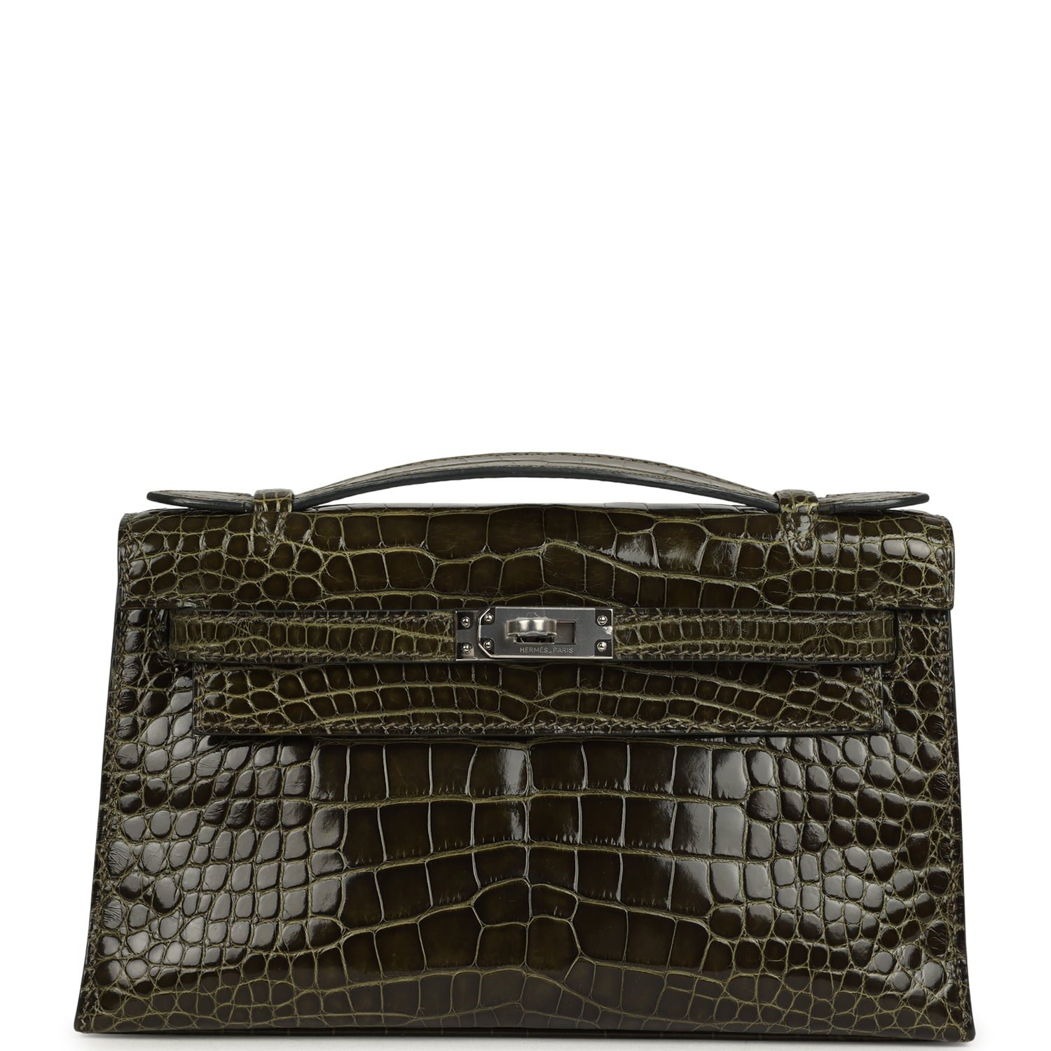Hermes Kelly Pochette Vert Olive Shiny Alligator Palladium Hardware