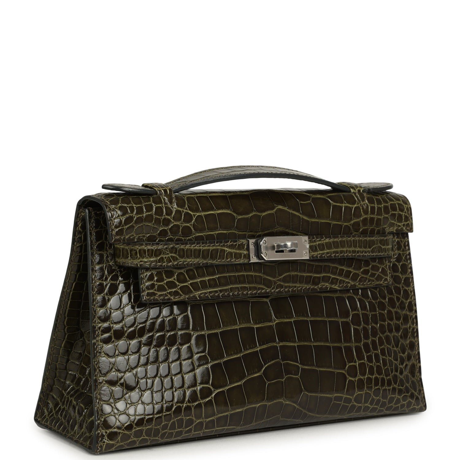 Hermes Kelly Pochette Vert Olive Shiny Alligator Palladium Hardware - Image 2