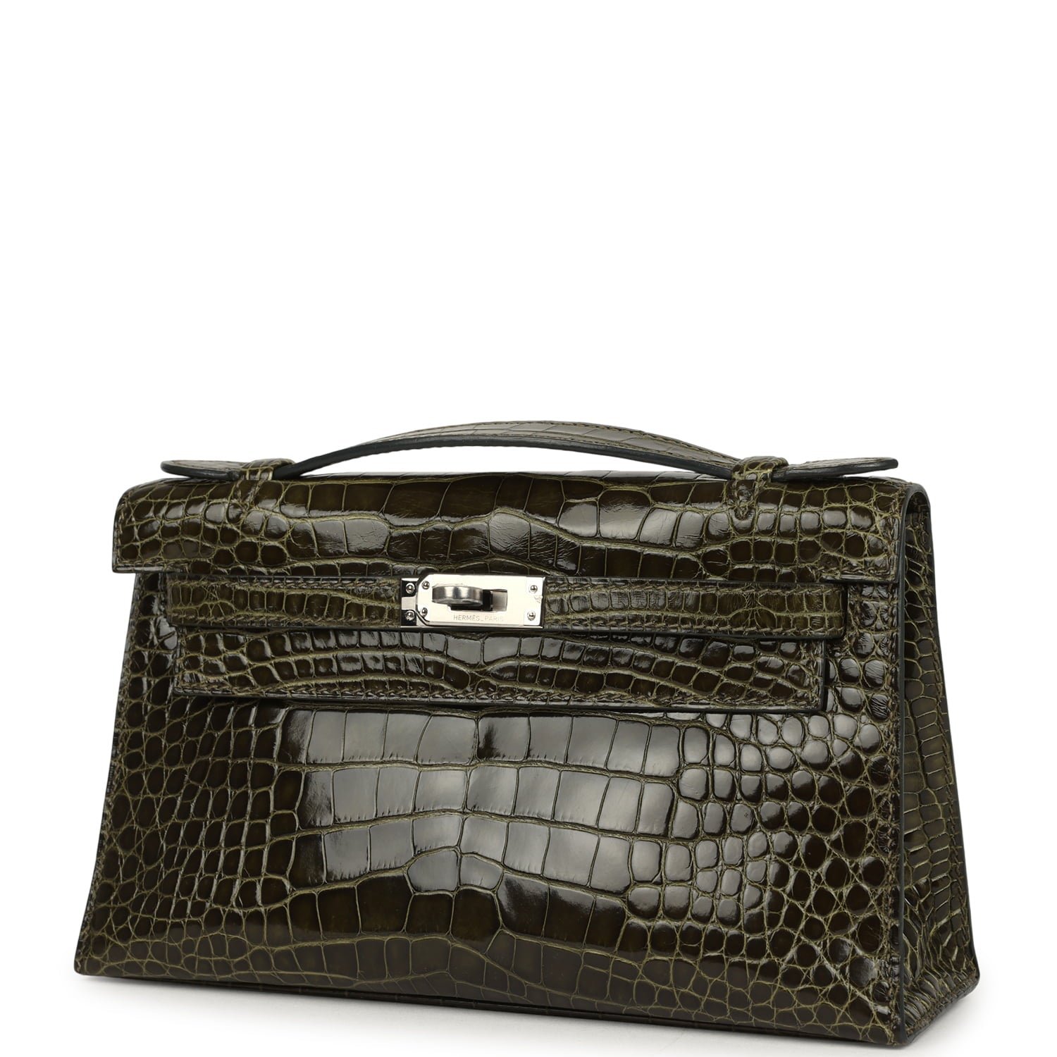 Hermes Kelly Pochette Vert Olive Shiny Alligator Palladium Hardware - Image 5